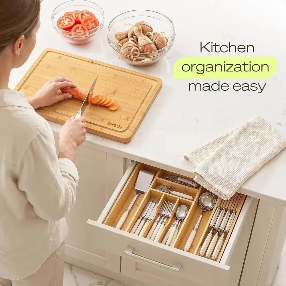 Bamboo Expandable Adjustable Silverware Drawer Organizer w/ Knife Block Kitchen